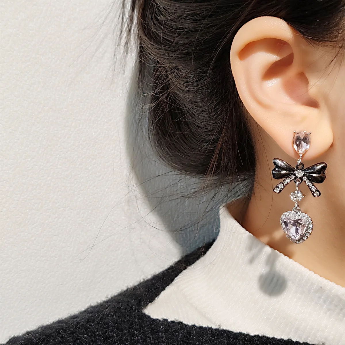 Rosa Strass Liebe Pfirsich Herz Schleife Knoten Tropfen Ohrringe für Frauen Cool Dark Gothic Mode Baumeln Ohrringe Y2k Trendy Schmuck – Detail 7