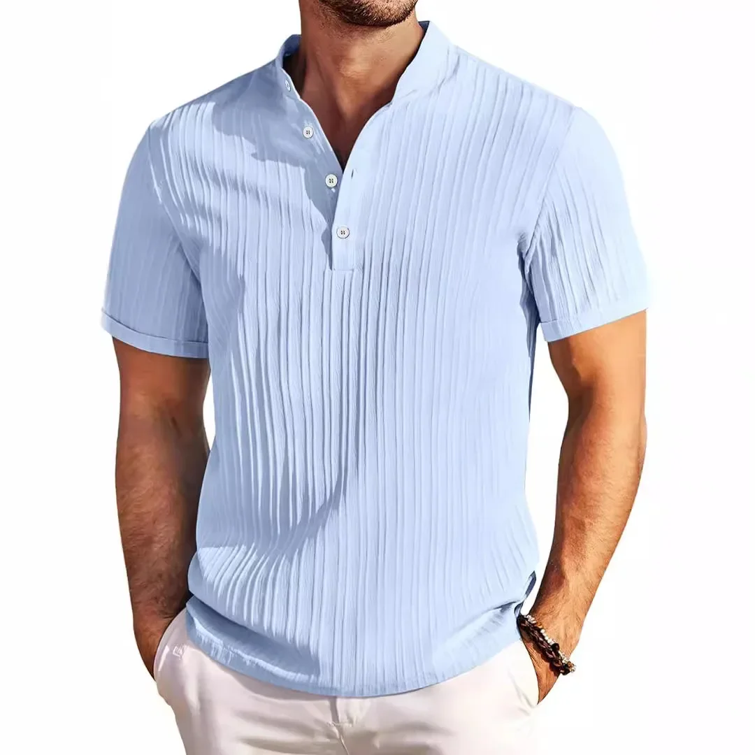 

New High-end Embroidered Cotton and Linen Striped Henry Shirt for Men's Summer Casual Fashion Comfortable Breathable T-shirt Top