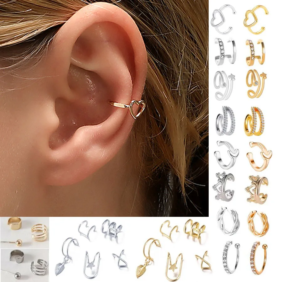 Hollow Heart Clip Earrings For Women Earing Without Hole Jewelry Fake Earrings Single Ear Bone Clip Earings Ear Cuffs Wholesale korean fashion crystal double layer ear clip earrings for women jewelry new zircon ear cuffs without hole snakes fake earrings