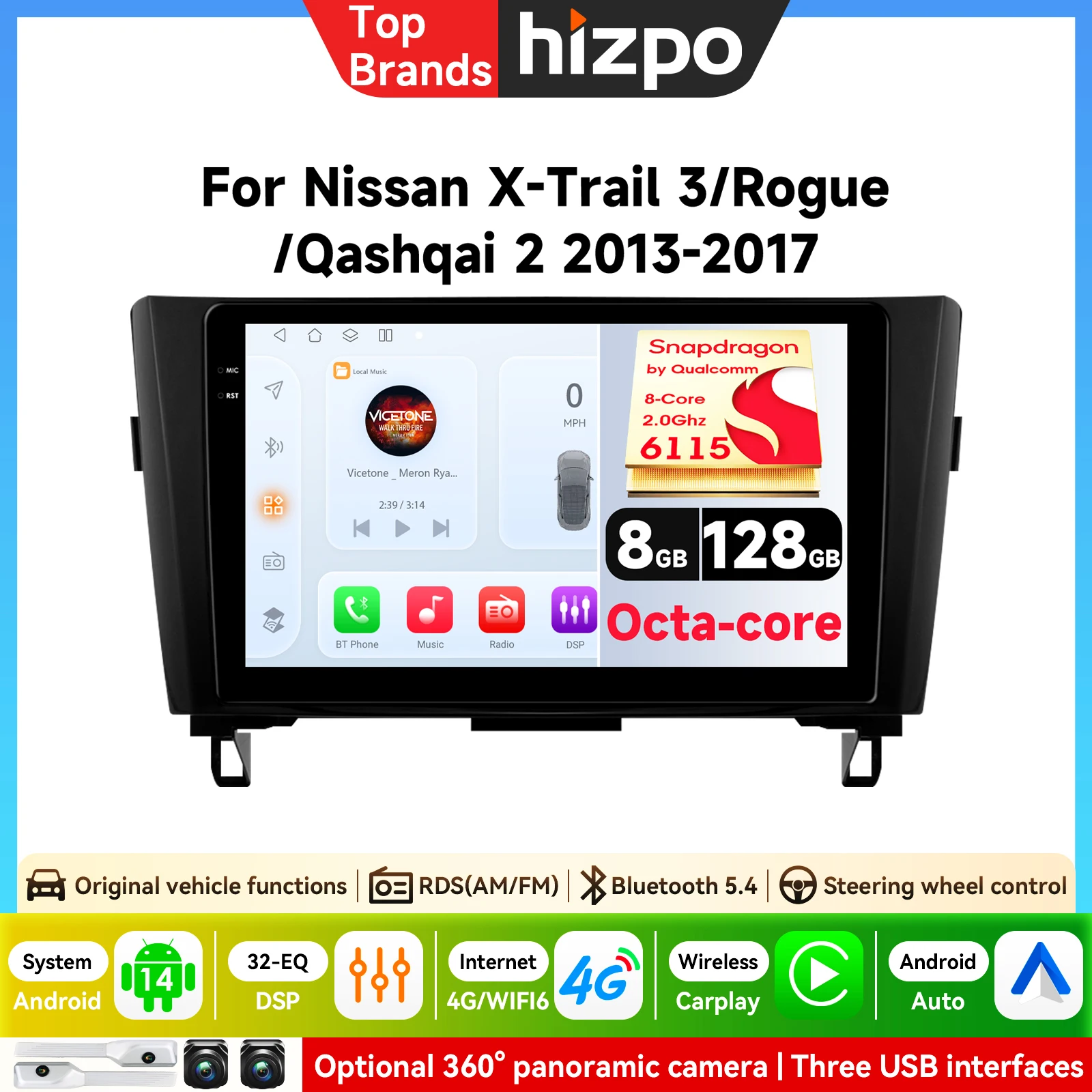 Hizpo Qualcomm de 8 Núcleos 360 °   Radio para Auto con Cámara Panorámica, CarPlay Inalámbrico y Android Auto para Nissan Qashqai J11 X-Trail 3 2013-2017 1