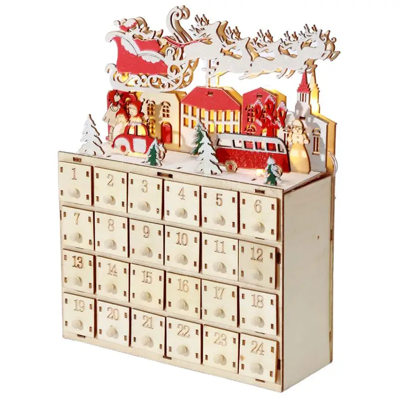 

Christmas LED Wooden Advent Calendar Wood House Xmas Countdown Calendar With Drawers Countdown Walnut Clip Wooden Craft Decor