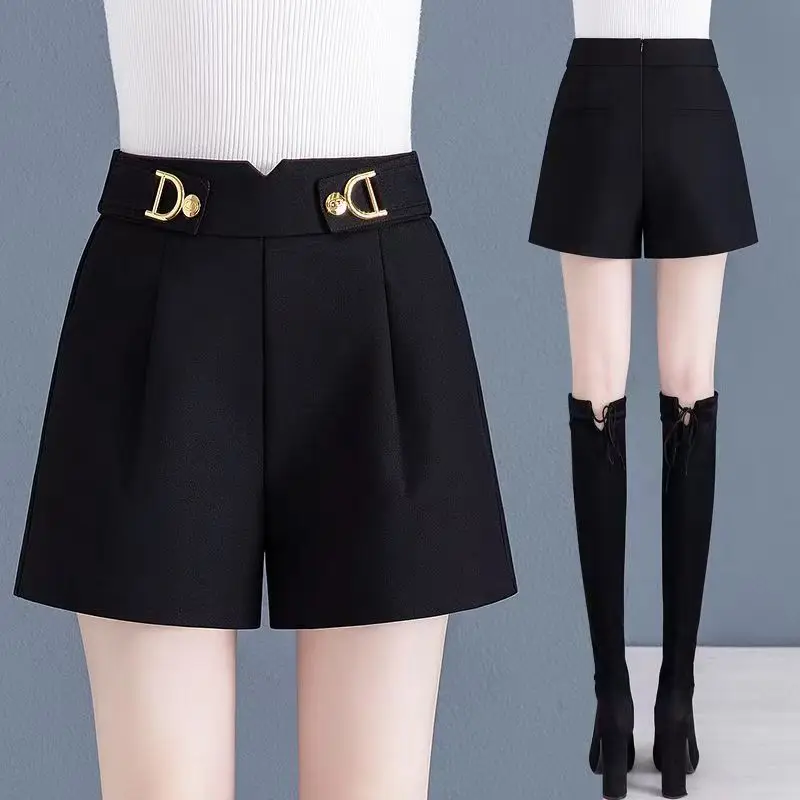 Women's 2023 Spring Autumn New High Waist Zipper Bright Line Decoration Pockets Loose Ruched Wide Leg Shorts A-line Casual Pants