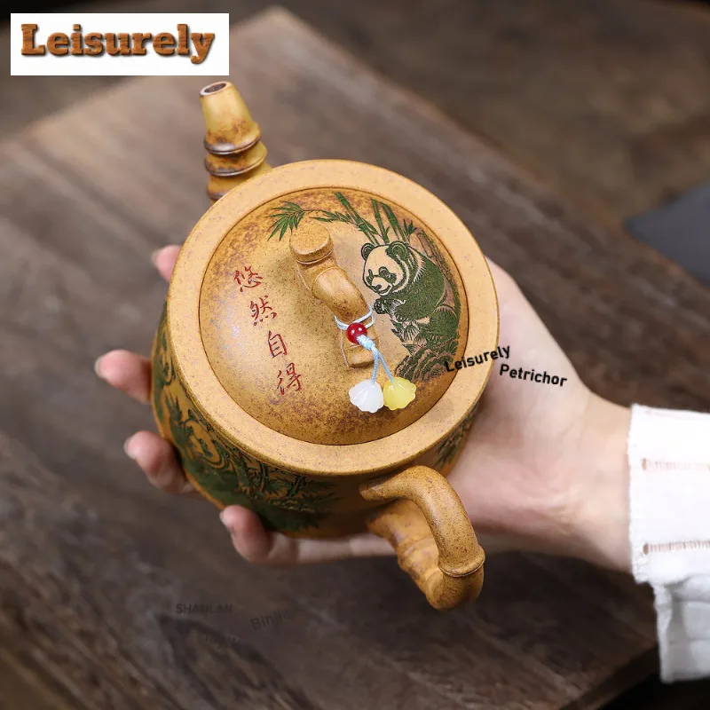390ml Ancient Yixing Purple Clay Teapots Handmade Panda Bamboo Pot Raw Ore Wood-fired Porcelain Mud Kettle Zisha Tea Set Teaware