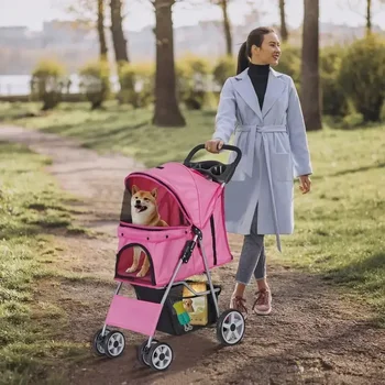 Foldable Carrier Strolling Cart 4 Wheel Pet Stroller, for Cat, Dog w/ Cup Holder 6