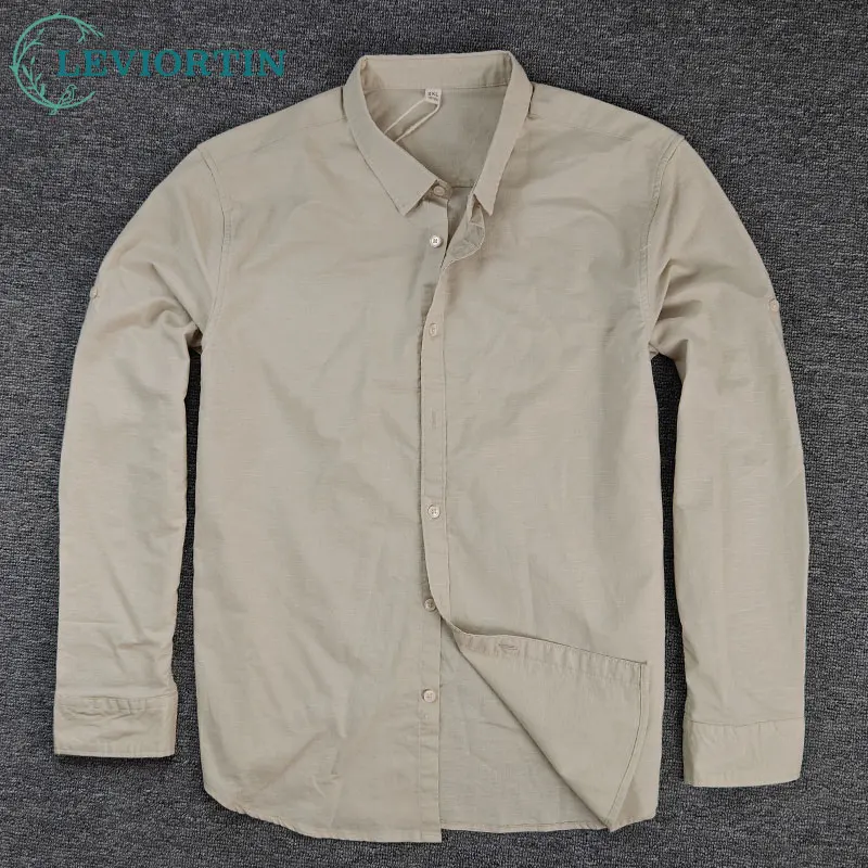 Comfortable Stylish Men\'s Long-Sleeve Cotton-Linen Shirt with Classic Collar Youthful Flaxen Design Tops