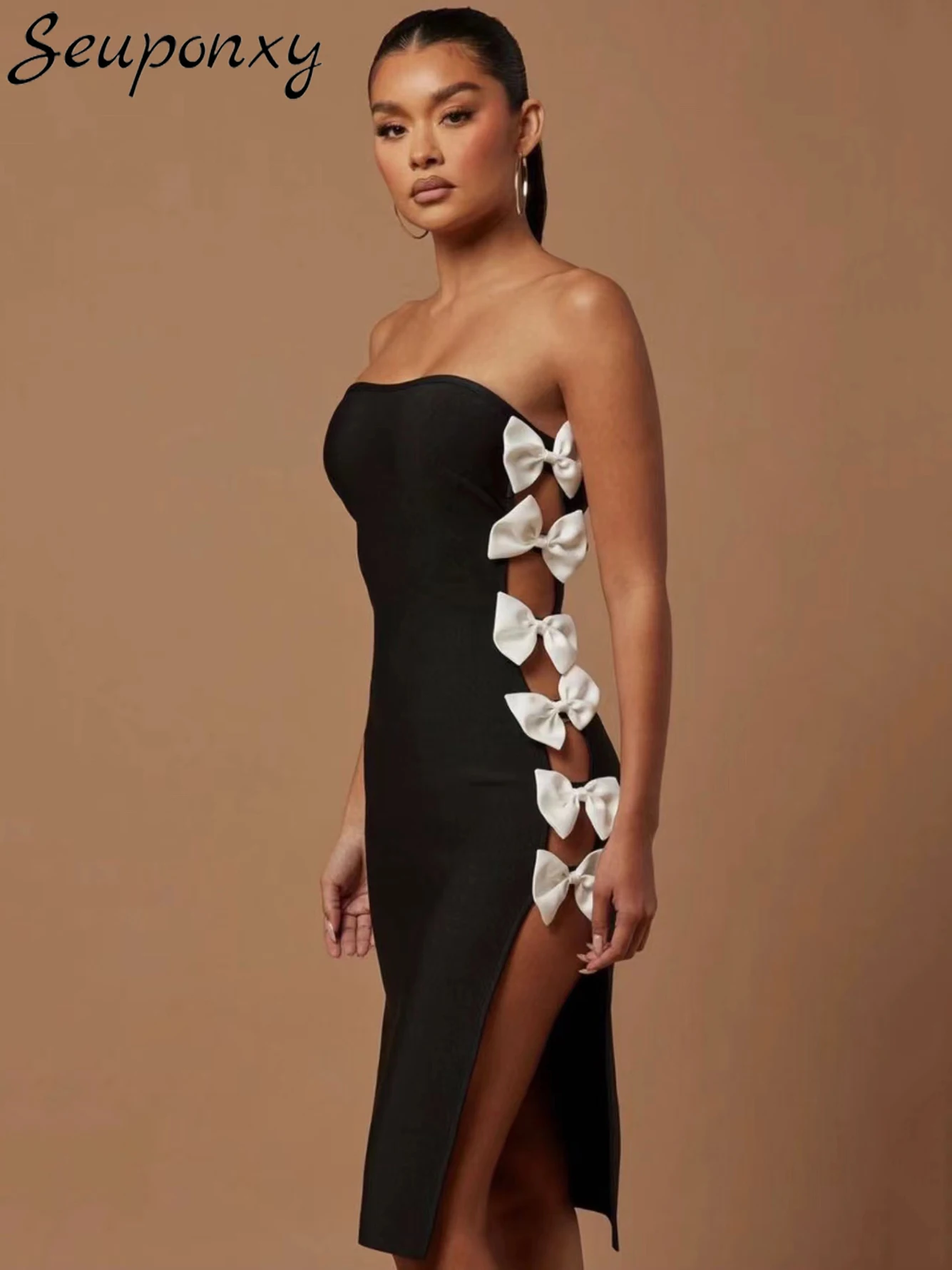 

High Quality Women'S Black Bandaged Dress 2024 Sexy Strapless Backless 3D Flower Hollowed Out Celebrity Party Dress Vestidos