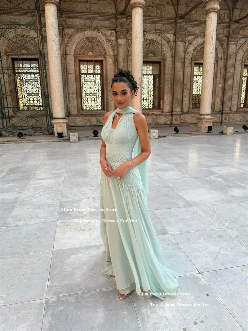 Xijun Mint Green Chiffon Evening Dresses A-Line Scarf V-Neck Formal Prom  Dresses Pleated Saudi Arabic Long Prom Gowns Customized - AliExpress 320