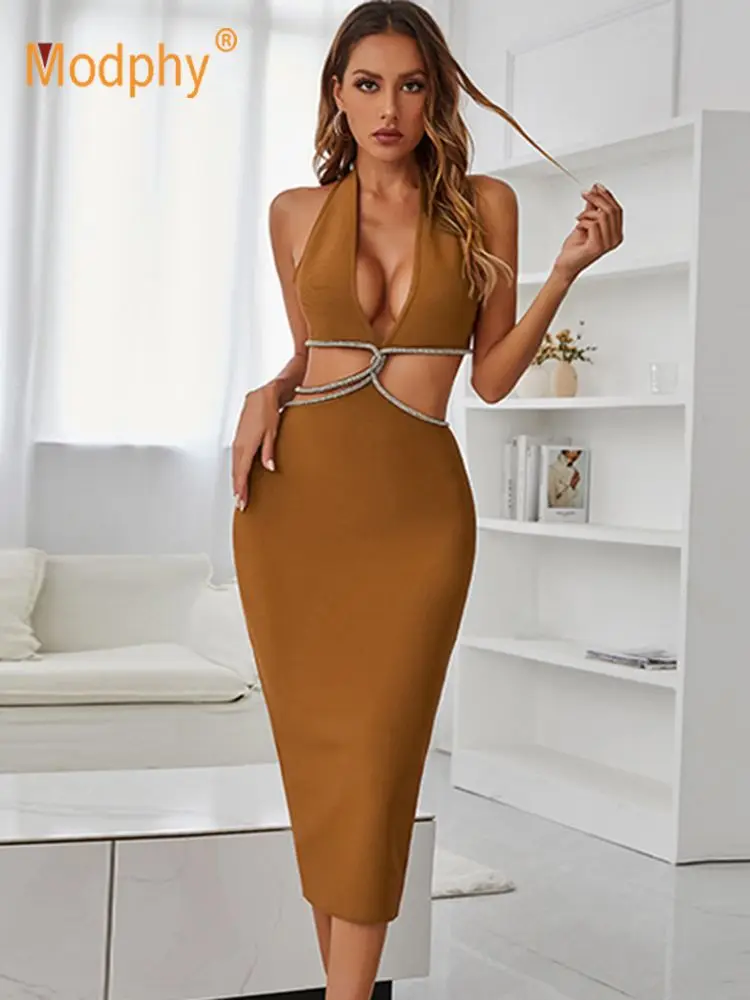 

Ladies Fashion Diamond Midi Bandage Dress Women's 2022 Sexy Backless Halter Bodycon Dresses Club Celebrity Party Vestidos