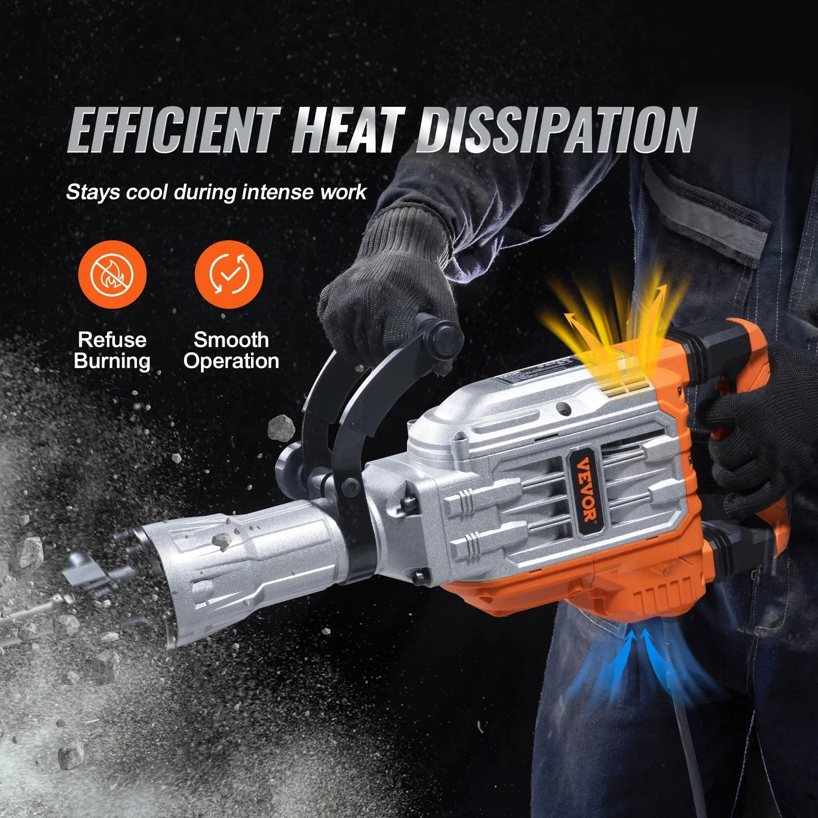VEVOR 3500W Demolition Jack Hammer 60J Electric Jackhammer Concrete Breaker with 2 Chisel Bits for Trenching and Breaking Holes 6