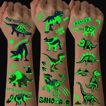 10 fogli di tatuaggi temporanei di dinosauri che si illuminano al buio - Adesivi impermeabili e luminosi facili da applicare per feste di compleanno e regali - F