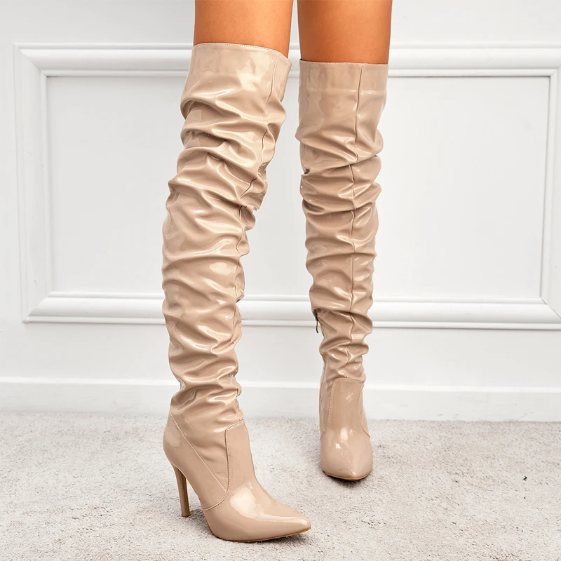 Winter Long Boots Woman Patent Leather Pointed Toe Stiletto High Heels Zipper Over The Knee Boots Botas Altas Sexy Ladies Shoes