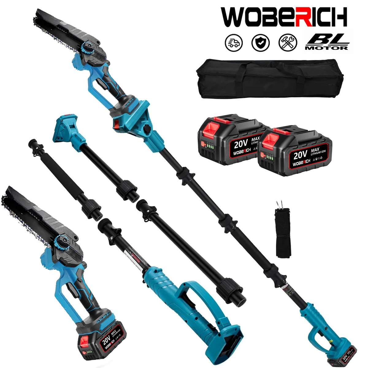 WOBERICH brushless extendable pole pruner saw chainsaw high tree branch cutting outdoor garden logging trimming tool Makita 18V
