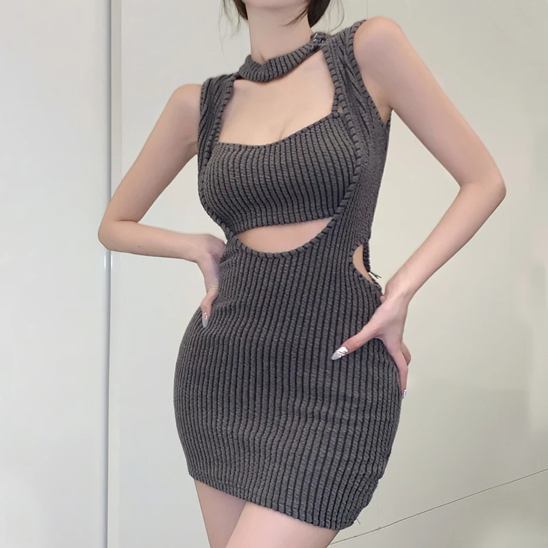 

Women Mini Bodycon Dress Solid Color Knitted Cutout Dress Summer Wrapped Hip Dress with Spaghetti Strap Camisoles