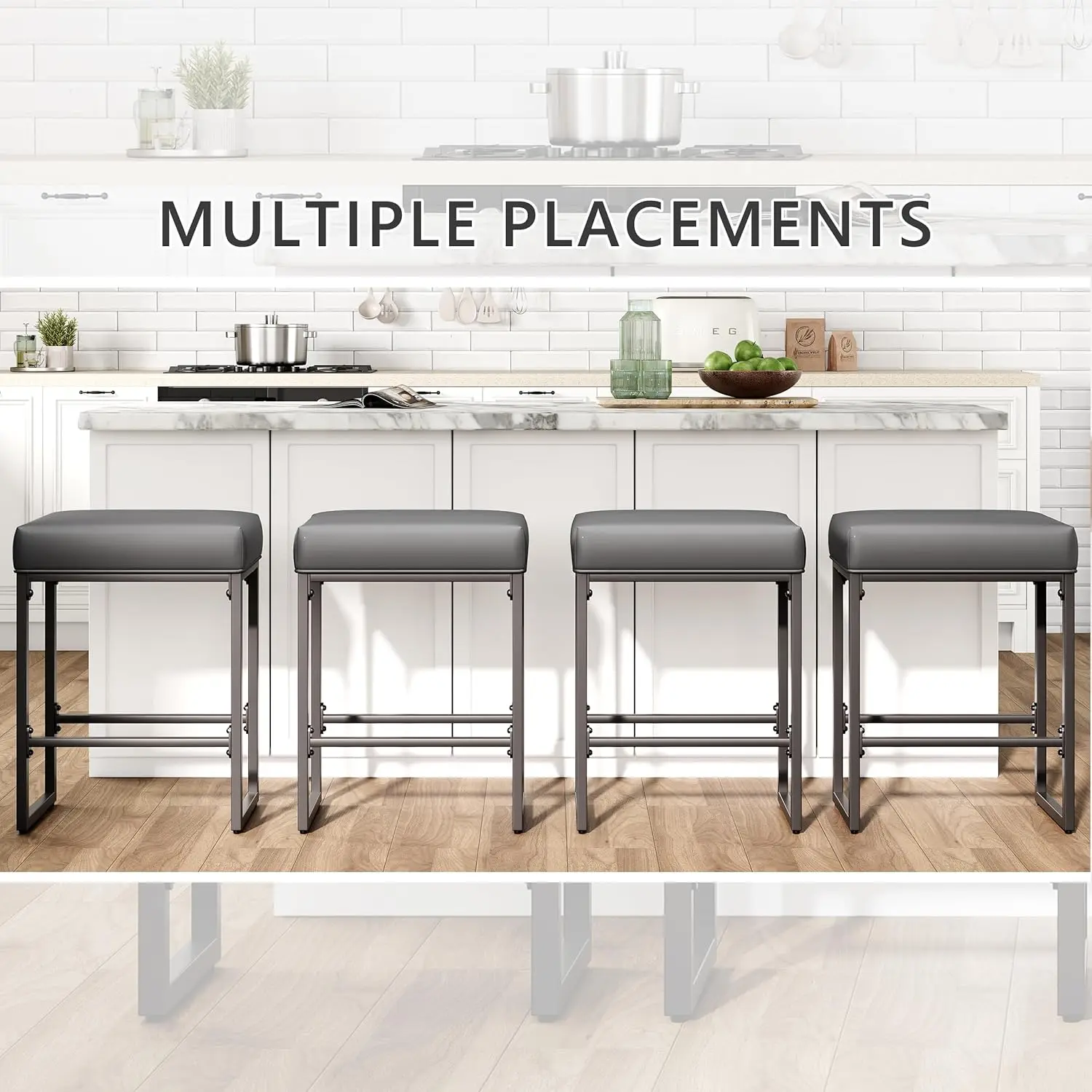 24 Inch Bar Stools Set of 2, Counter Height Bar Stools for Kitchen Island, Synthetic Leather Backless Barstools with Thick Seats