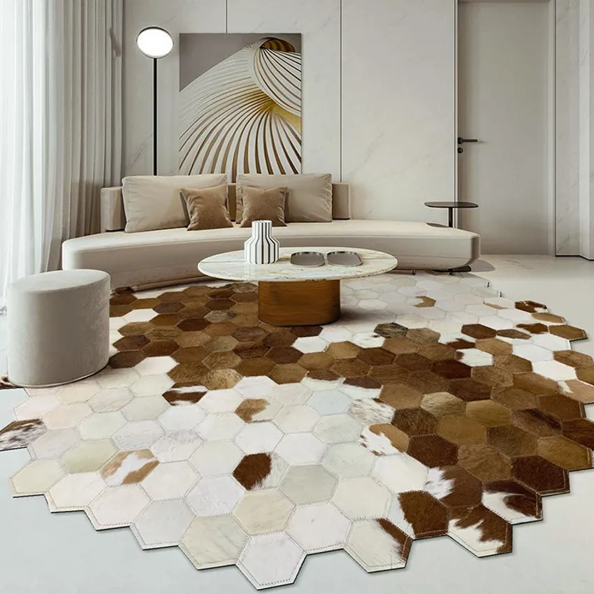 

American style Round shaped diamond plaid cowhide patchwork rug ,genuine cows skin fur decoration floor mat