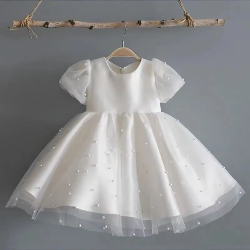 

Fashion Girl Princess Vintage Pearl Dress Tulle Child Vestido Puff Sleeve Wedding Party Birthday Tutu Dress Child Clothes 1-10Y
