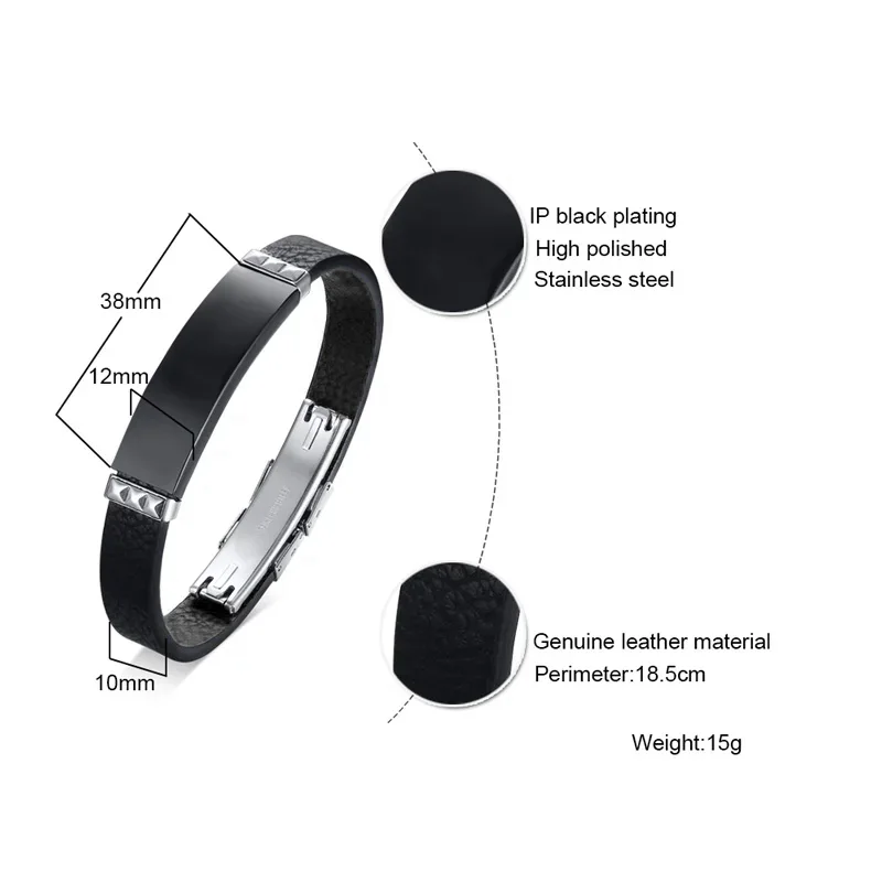 Medical Black Geruine Leather Bracelet for Men,Free Engraving Medical Alert ID Tag DIABETES Personalized  Wristband