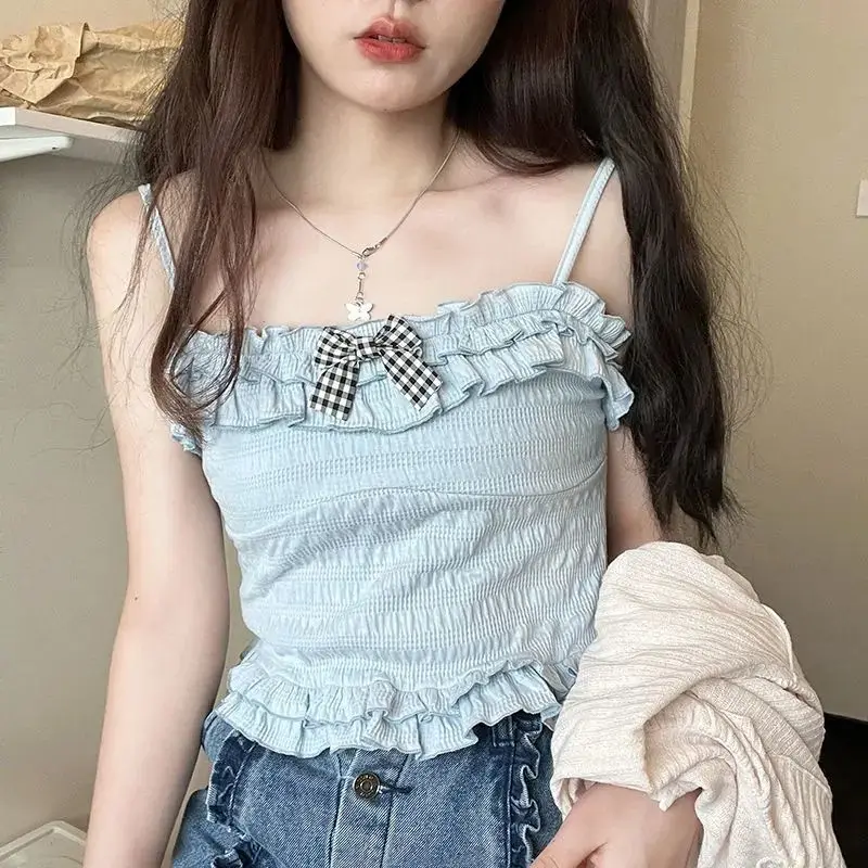 

XUAN Phd Korean Fashion Hotsweet Short Summer 2023 Tanks Tops Kawaii Lolita Girl Bow Pink Party Mini Suspender Female Princess