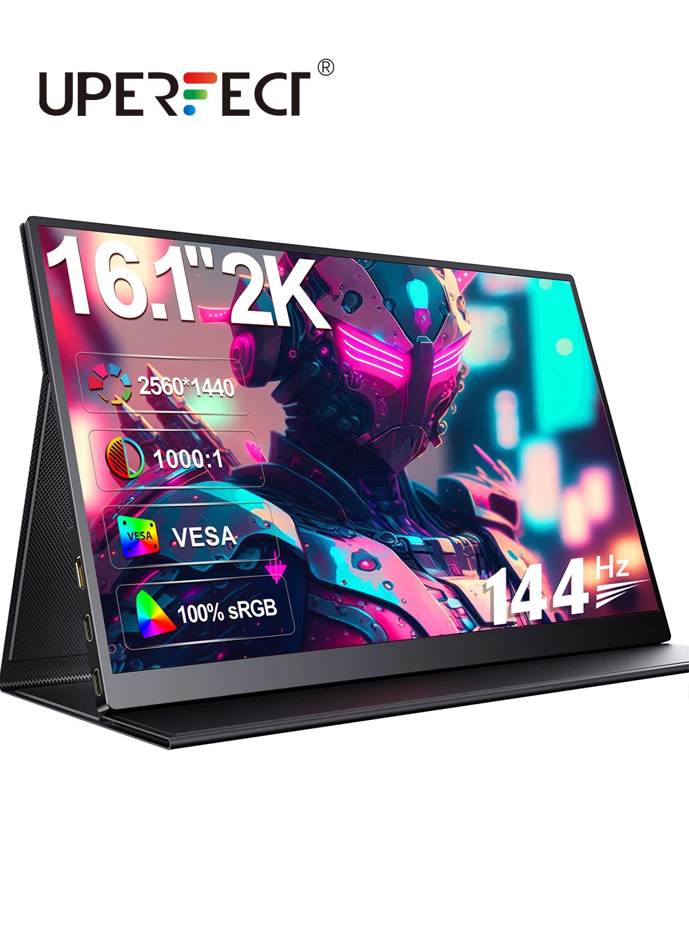 UPERFECT 16,1-дюймовый портативный монитор 2K 144 Гц USB C игровой дисплей с экраном IPS 2560 x 1440 1000: 1 Высокий коэффициент контрастности Mini HDMI Type C для ПК Ноутбук Мобильный телефон Xbox Switch PS4 / 5