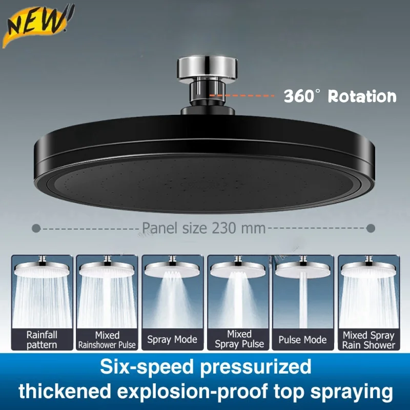 새로운 6 가지 모드 대형 흐름 과급 강우량 샤워 헤드 230mm 라운드 고압 탑 스프레이 레인 샤워 헤드 욕실 액세서리