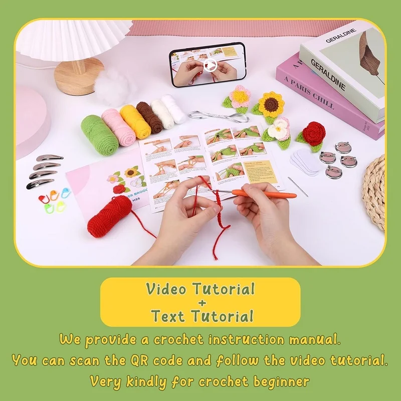 4Pcs Deco Flowers Crochet Kit for Beginners Crochet Craft Kits for Adults Include Hook Tools Supplies and Tutorials