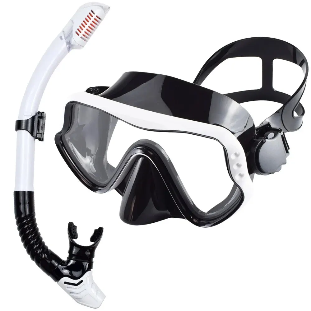 Adult Panoramic Snorkeling Gear Set with Tempered Glass Dive Mask and Dry Snorkel