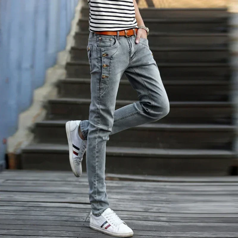 

Man Cowboy Pants with Pockets Trousers Slim Fit Winter Men's Jeans Tight Pipe Skinny Original New in Korean Fashion Kpop Regular