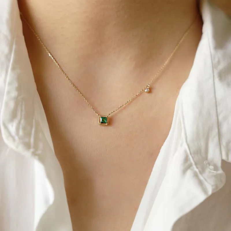 Jkli S925 Sterling Silver Simple Emerald Crystal Chain  Necklace  Women Light Luxury Temperament Plating 14k Gold Jew  New style