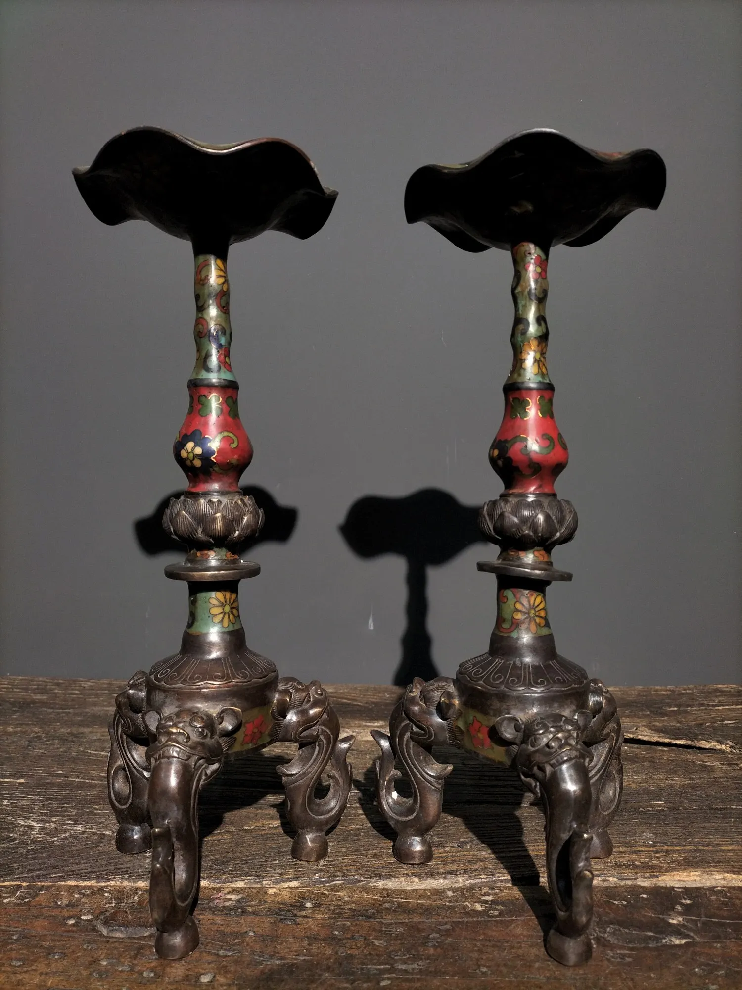 

13"Tibetan Temple Collection Old Bronze Cloisonne Enamel lotus Brave Troops three-legged Candlestick A pair Worship Hall