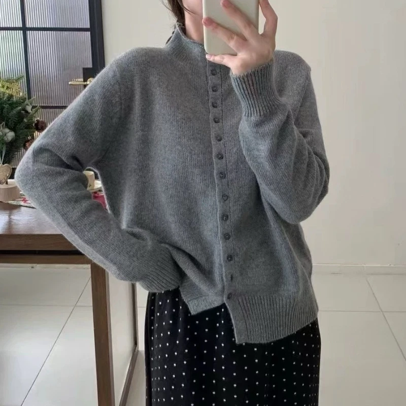 New Soft Comfortable Stand-Up Collar Sweater Cardigan Women Simple Single Breasted Cardigans Coat Autumn Solid Knitted Outerwear