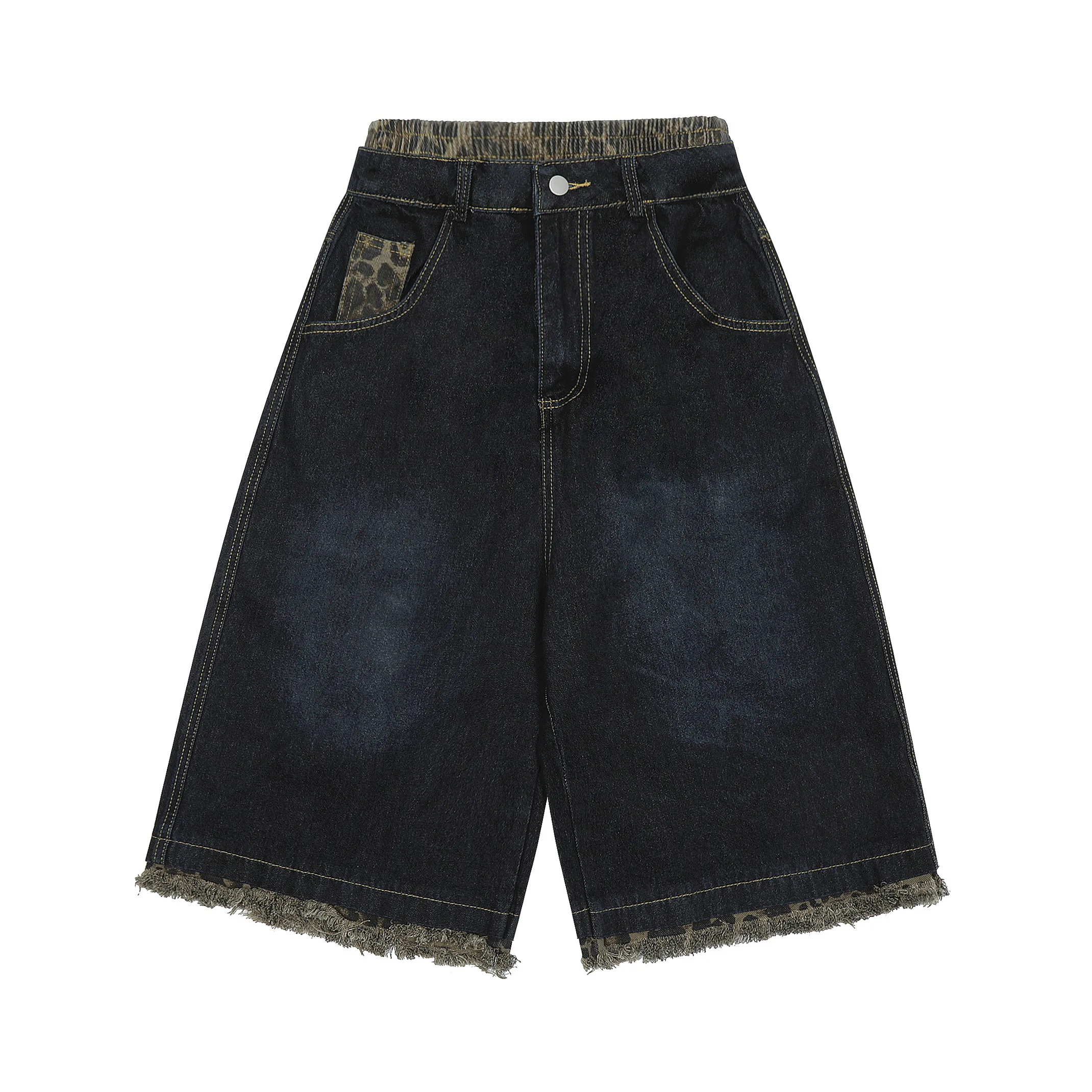 Camouflage Patchwork Capri Pants Oversized Washed Wide Leg Denim Shorts Streetwear Fashion Leopard Raw Edges Baggy Jeans Y2k