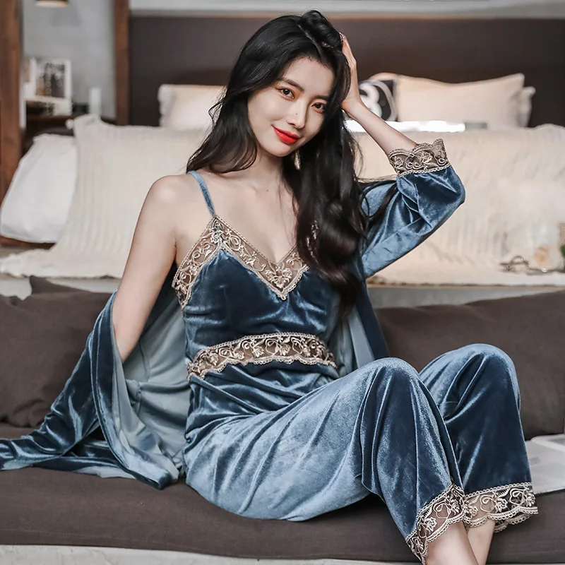 

Бархатный Пижамный костюм, женская одежда для сна из 3 предметов, Женская кружевная Пижама с V-образным вырезом, прозрачная Пижама, сексуальное ажурное нижнее белье, домашняя одежда