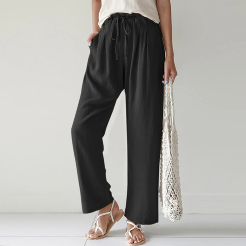 

Rimocy 2023 Summer Linen Cotton Pants for Women Elastic Waist Casual Straight Trousers Woman Pockets Loose Wide Leg Pants Ladies