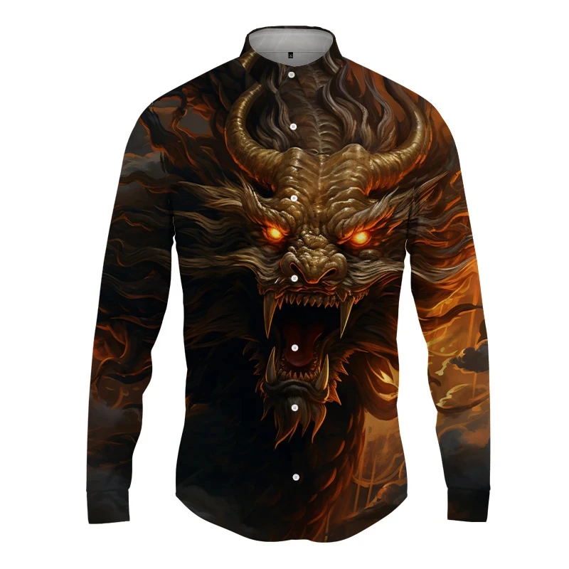 thumbnail image 1 of Nueva ropa de calle para hombre, moda de primavera y otoño, camisa con estampado de dragón 3D y botones para hombre, camisa hawaiana de manga larga para hombre, 1 of 5