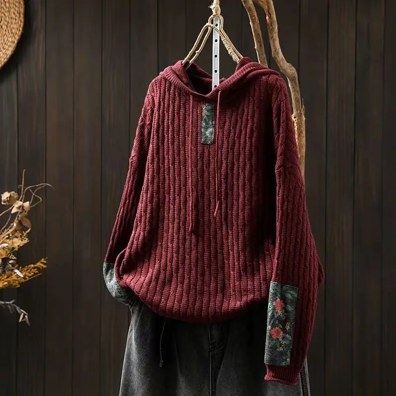 Floral Prrint Patchwork Vintage Style Women's Knitted Sweatshirt Autumn Fashion Long Sleeve Loose Casual Hoodie Female Pullovers