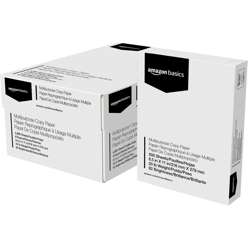 Basics Multipurpose Copy Printer Paper, 8.5" x 11", 20 lb, 8 Reams, 4000 Sheets, 92, White