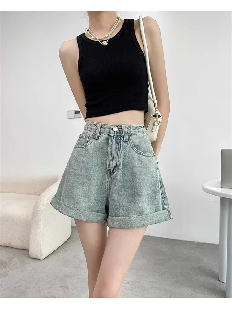 

Women's Curled Edge Design Summer Thin Denim Shorts Street Style Young Girl High Waisted Mini Pant Female Casual Straight Shorts