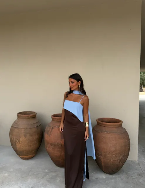 Robe longue de soirée pour femme à bretelles fines, col écharpe, color block, fente haute, longueur ras du sol, pour fêtes