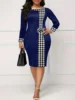 Plus size Elegant dress in oversized size with a thousand bird pattern printed patchwork bow and round neck,fashionable slim fit