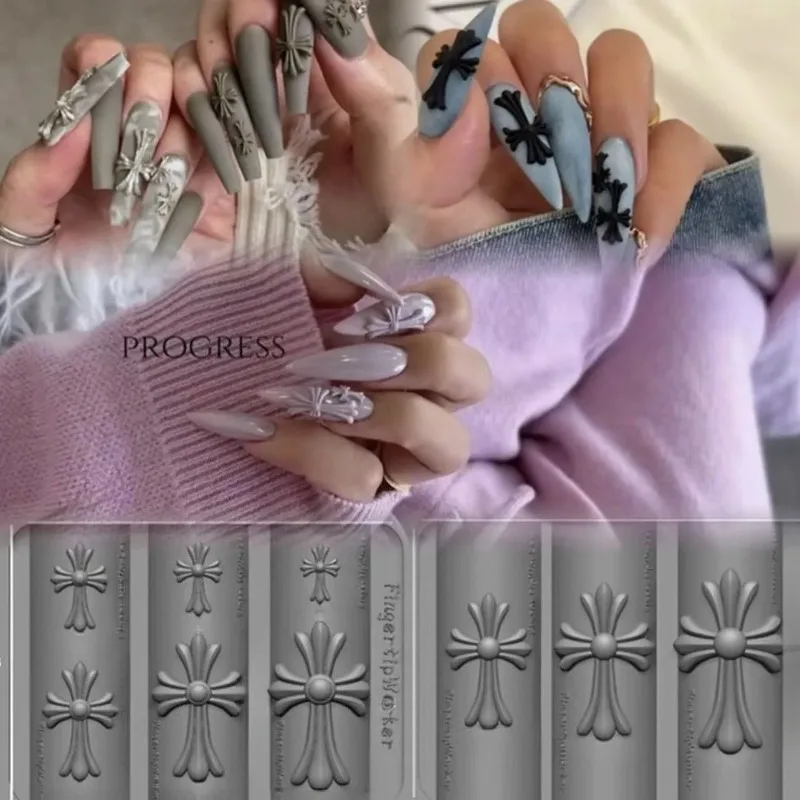 새로운 네일 아트 몰드 3D 실리콘 크로스 릴리프 조각 DIY 디자인 템플릿 스텐실 재사용 가능한 네일 부품 장식 매니큐어 도구