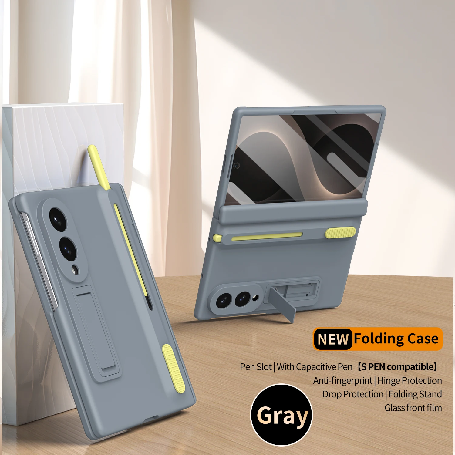 Foldable Phone Protective Case with Retractable Stylus, Built-in Kickstand & Screen Guard