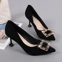 Black Velvet Square Buckle High Heels Spring Summer New Style Elegance Single Shoes Women Thin Heel Pointed Toe Slip-On