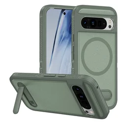 Military Shockproof Armor Stand Holder Hybrid Case with Magnetic Wireless Charging Compatibility for Google Pixel 9 (Gray Green-Green)