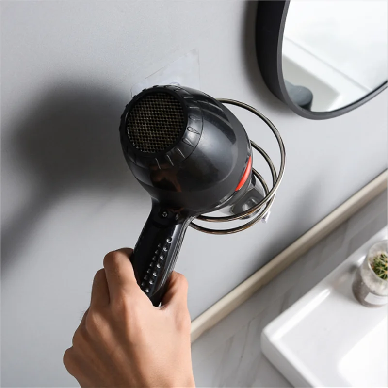 Hair Dryer Holder Blower Organizer Adhesive Wall Mounted Nail Free No Drilling Stainless Steel Spiral Stand Storage For Bathroom 3