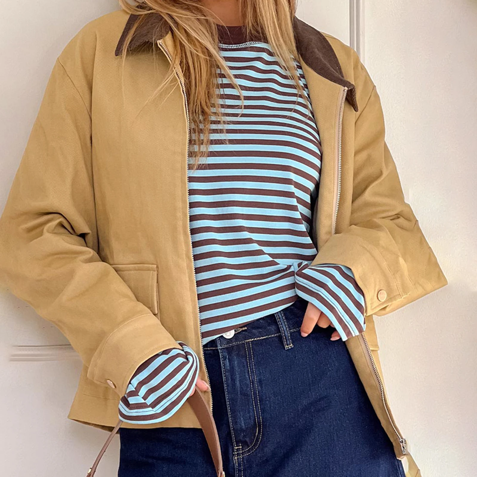 T-shirt rayé à manches longues pour femmes, sweat-shirt surdimensionné à col rond, esthtique, Vintage, épaules tombantes, mignon, pour sortir, Y2k, automne