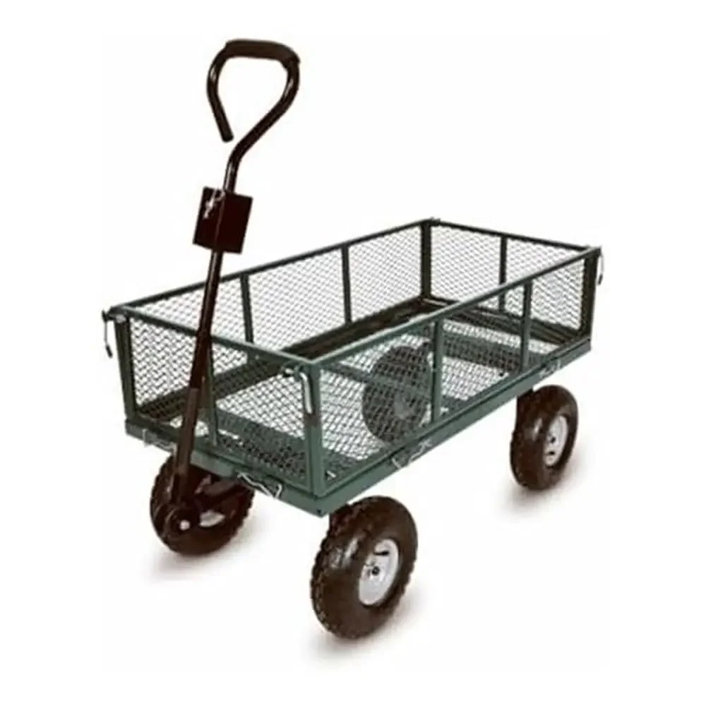 4-Wheel Steel Garden Cart w/ Mesh Sidewalls & Handles Convertible Trailer Hitch Durable Versatile Effortless Mobility 38x20