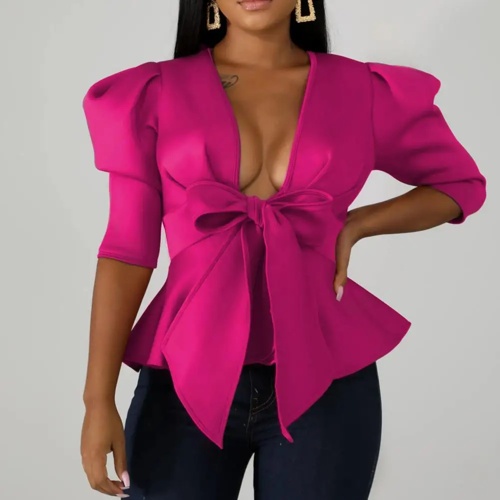 

Women Coat Slim Fit Shirt Coat Lace-up Bowknot Decor Shirt Jacket