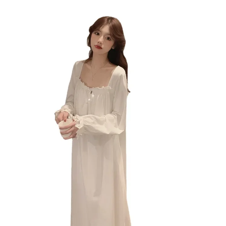 Summer Korean Nightgowns for Women Long Sleeved Nightwear Female Lace Sexy Sleepwear Home Clothes Silk Cotton Night Dress