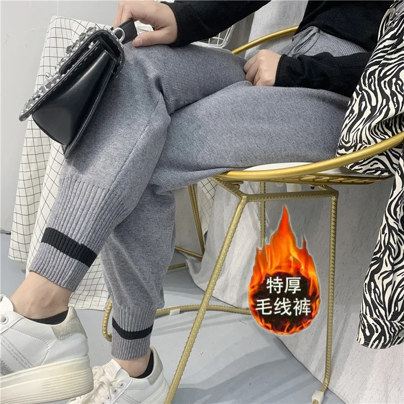Knitted Pants Women High Waist Ankle-Length Pants Ladies Office Stretch Baggy Pantalones Autumn Winter Lace Up Casual Trousers