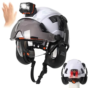 Casco di sicurezza da costruzione CE con doppi occhiali Lampada frontale Paraorecchie Adesivi riflettenti ANSI Casco rigido da ingegnere traspirante scorrevole